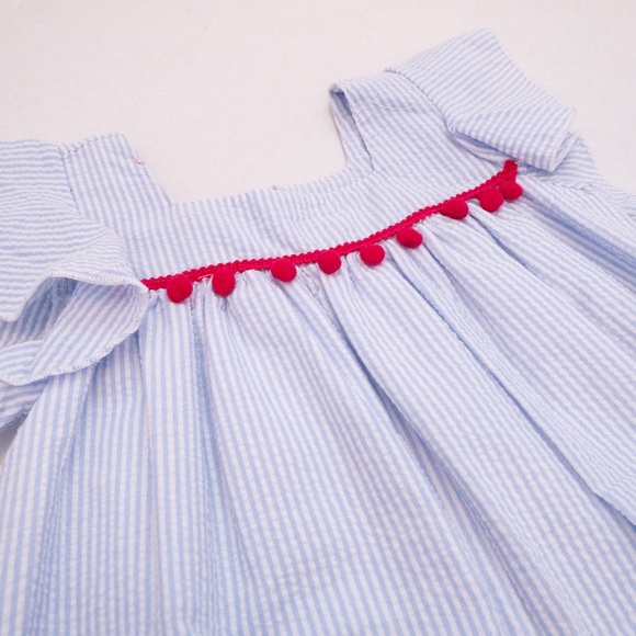 Seersucker & bright pink pom-pom trim dress (3T) - Picture 8 of 16